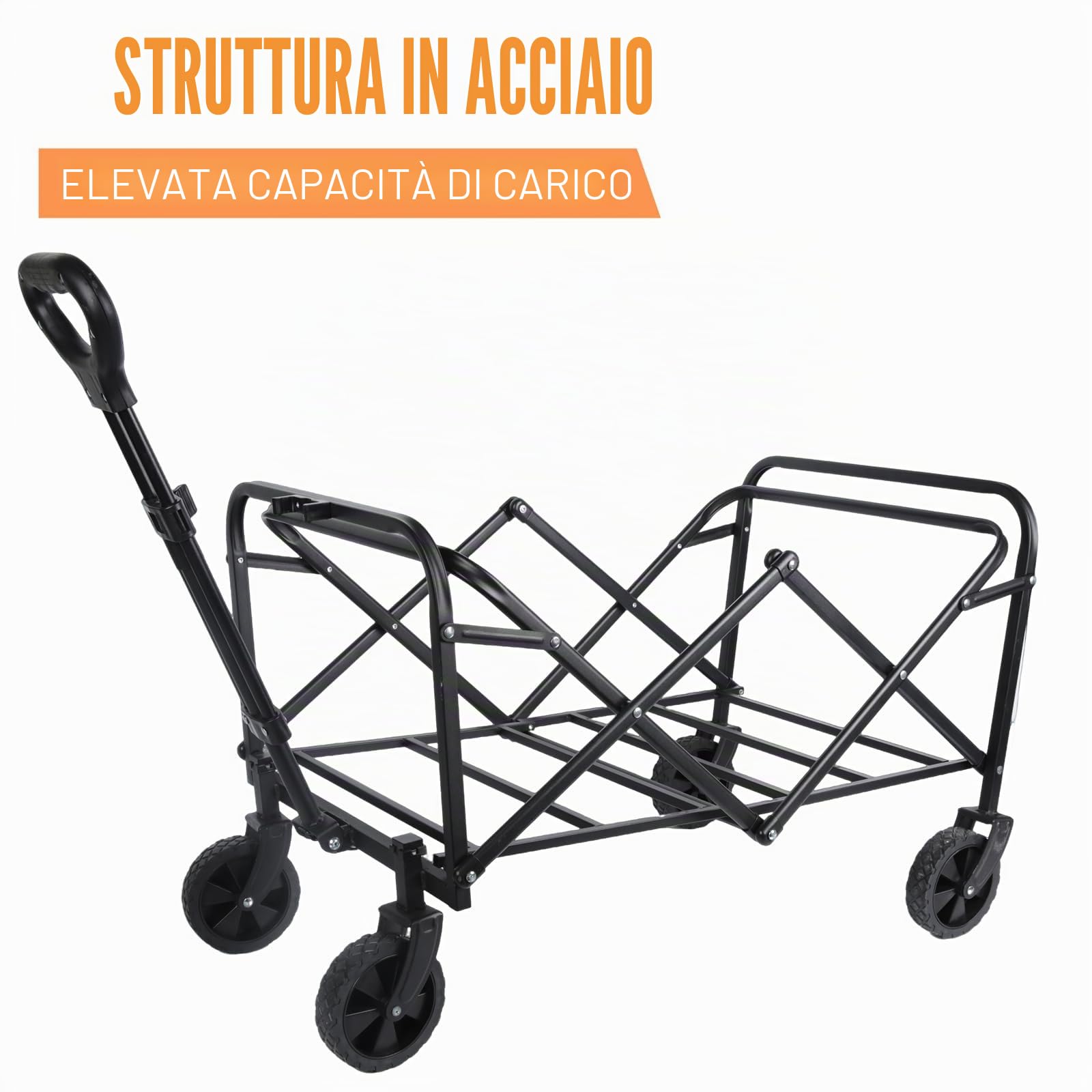 Carrello Spiaggia Portatutto 100L Pieghevole con Ruote Girevoli 360° Manico Regolabile 2 Tasche Portata 75 kg Campeggio Escursioni Spesa (Utensy Nero)