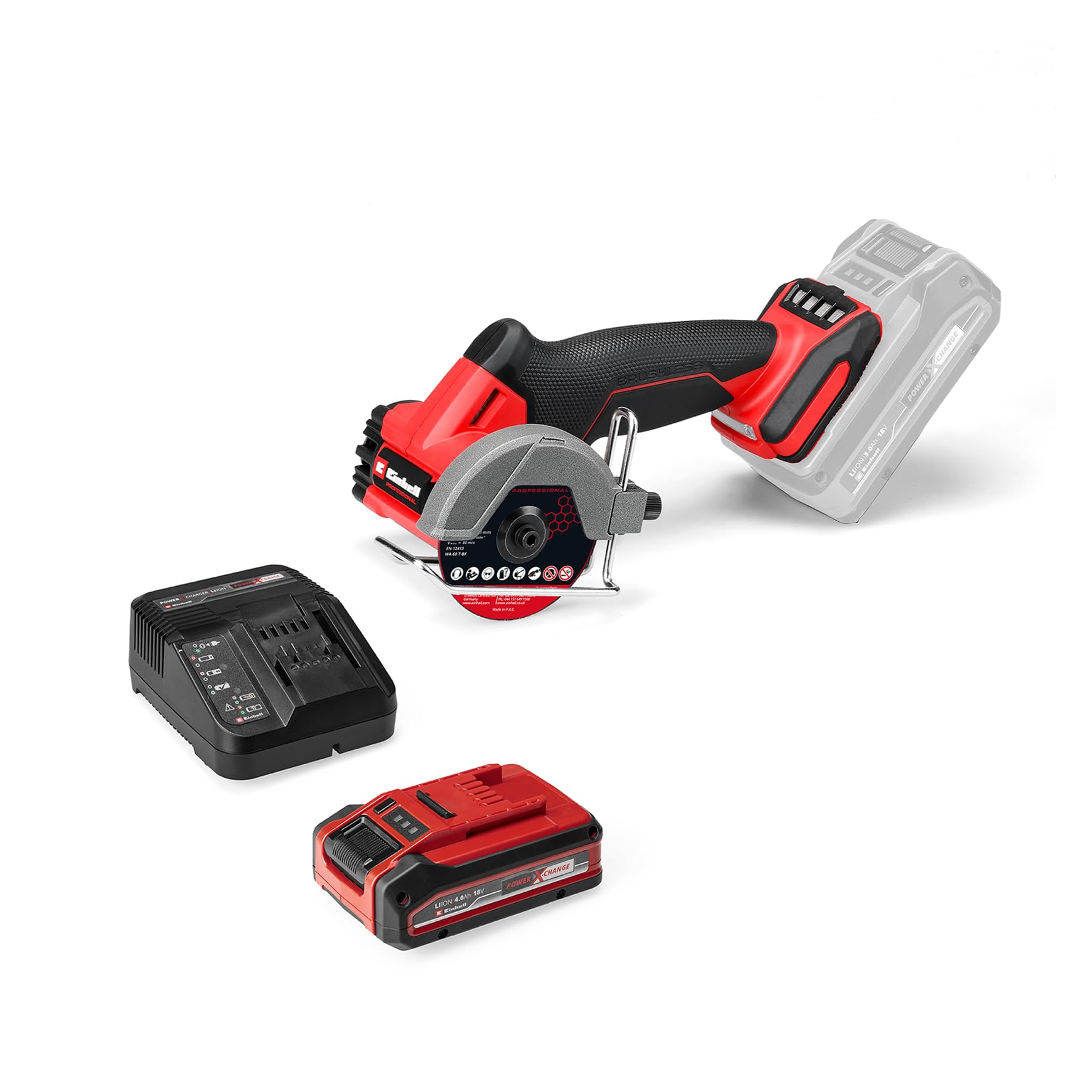 Einhell Professional Akku-Trennschleifer TP-CO 18/76-C Li BL (18 V, 76 mm Scheiben-Ø, 16 mm Schnitttiefe, Tiefeneinstellung, Inkl. 4x Trennscheibe, inkl. 4,0 Ah PLUS Akku & Ladegerät)