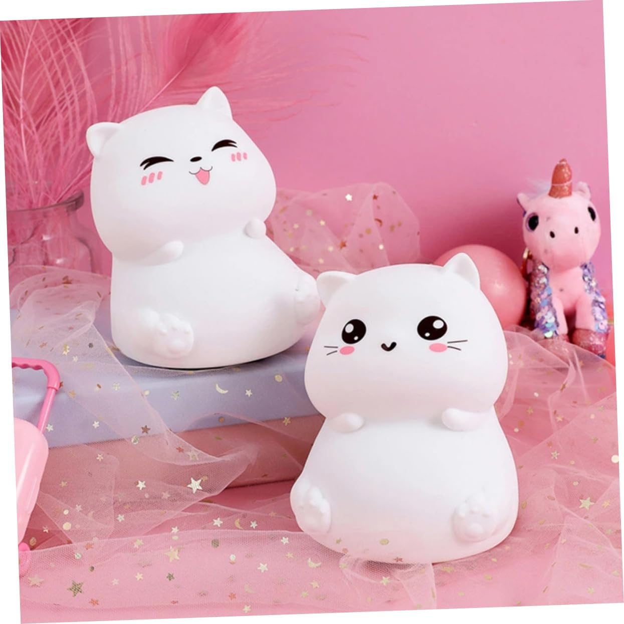 DOITOOL 3pcs Adorable Cat Night Light Rechargeable Led Cartoon Table Lamp for Bedroom Nursery Boys and Girls Soft Glow for Control for Friends Family