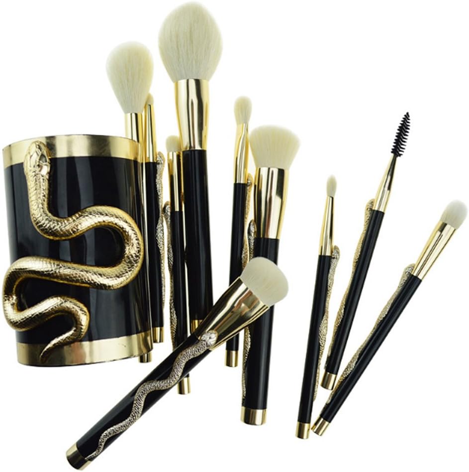 Fashion Women's Make Up Brushes Set Snake Decaration With Brushes Tube, 10 PCS Artificial Wool Eyebrow Eyelash Brush, Lip Brush, Eye Shadow Brush, Contour Brush, Hight Light Brush (Gold)