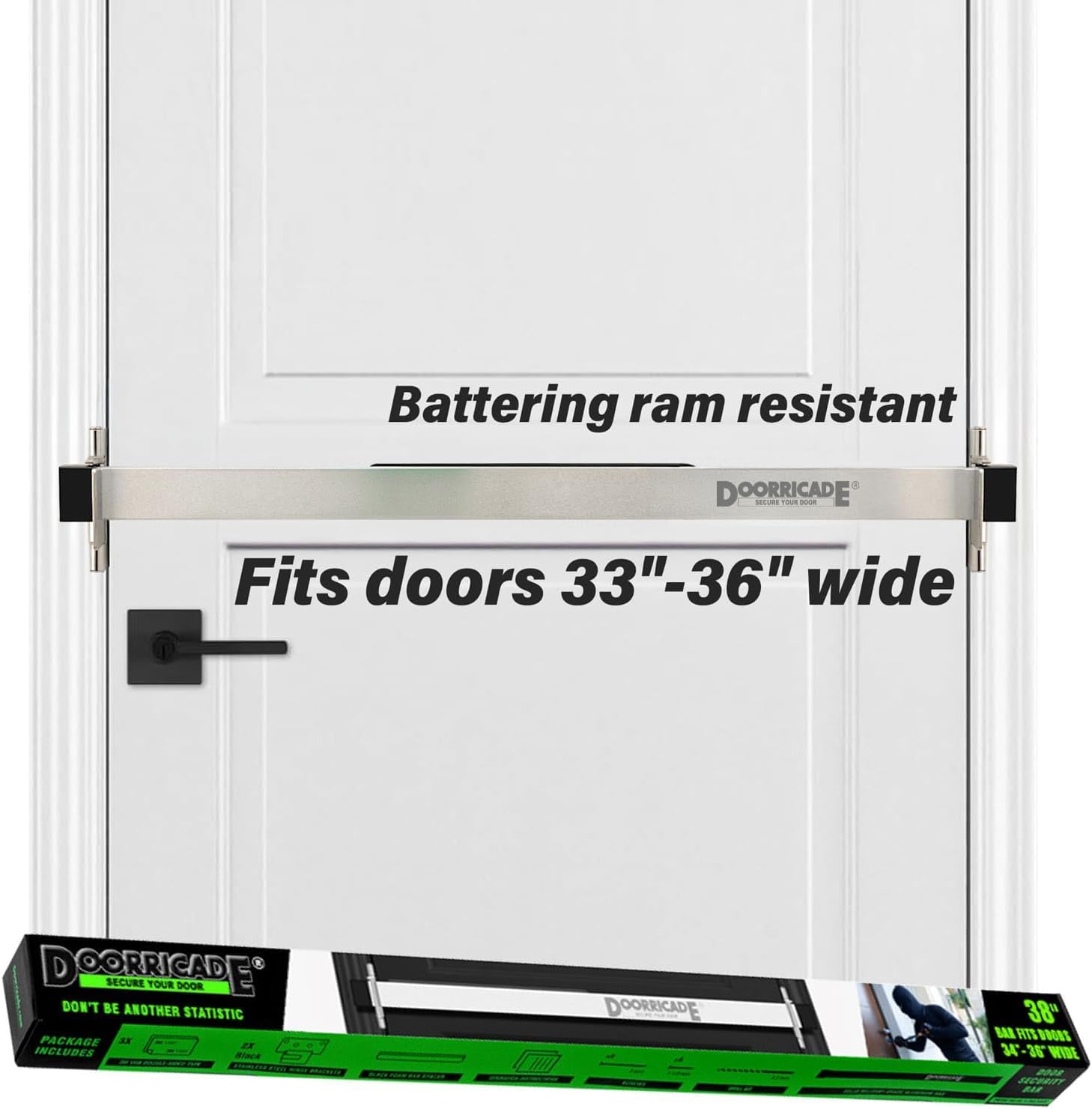Door Security Bar-by Doorricade-Secure The Entire Width of Your Inward Opening Front Door-Safe Room. Fits Doors 32"-36" Wide.