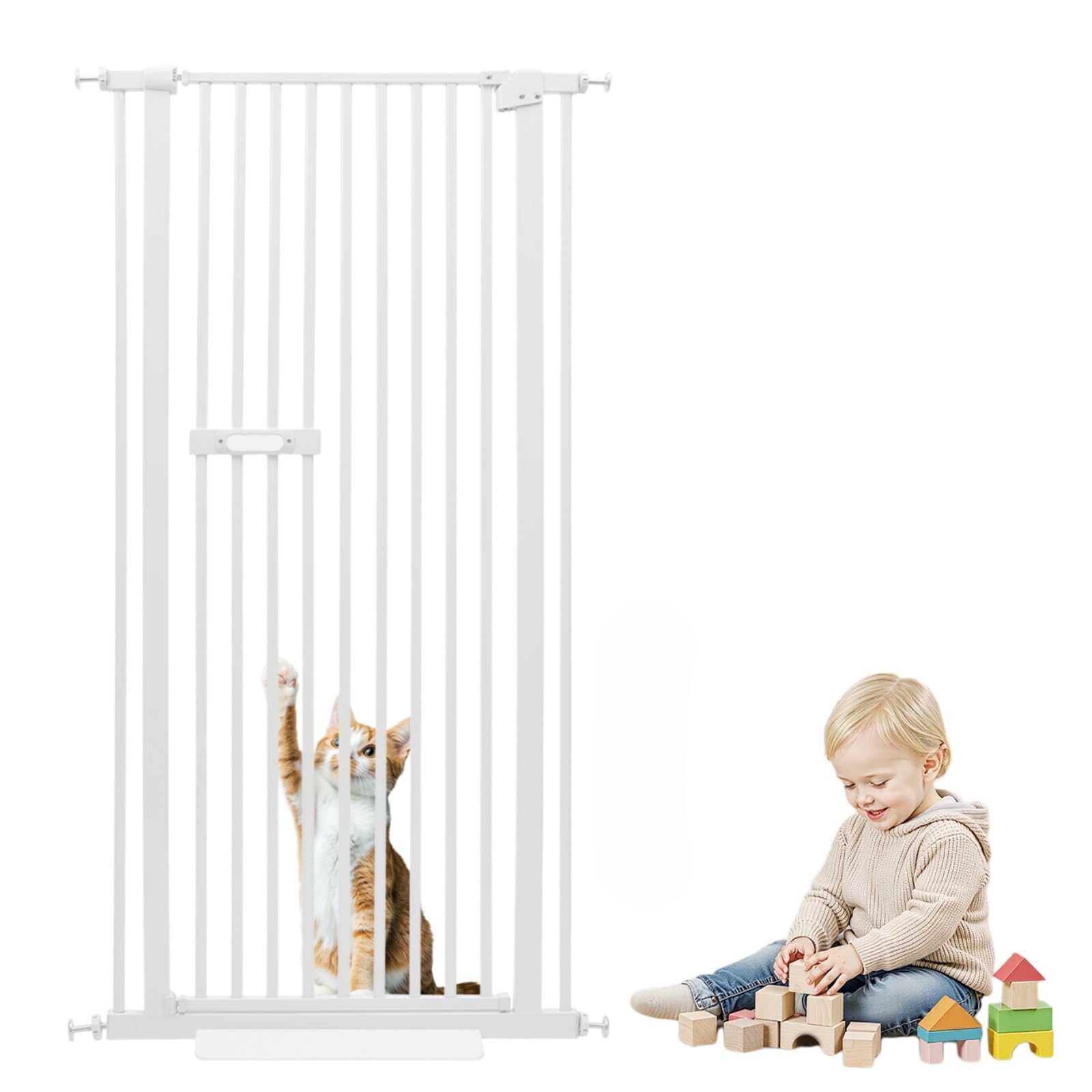 Rejilla de protección para mascotas, 150 cm, con 76-85 cm de ancho ajustable, sin taladrar, distancia de tubo de 3,5 cm, puerta para gatos, rejilla protectora para escaleras, color blanco