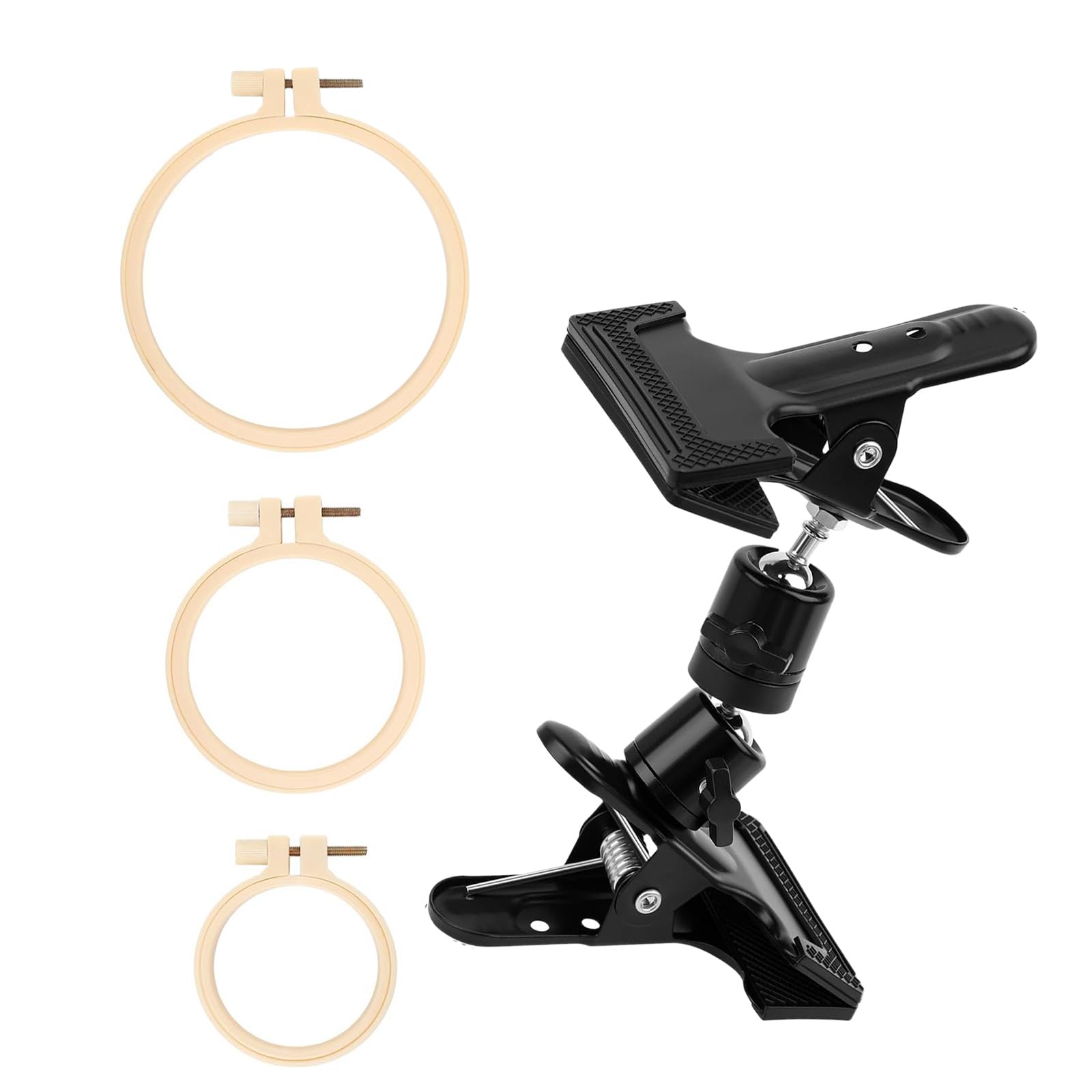 Zxfdsfdbnm Sewing Hoop Frame Stand with Portable Clamp Base 3 Wood Tone Embroidery Hoops and Jointed Holder for Detailed Needlework Projects Crochet Projects