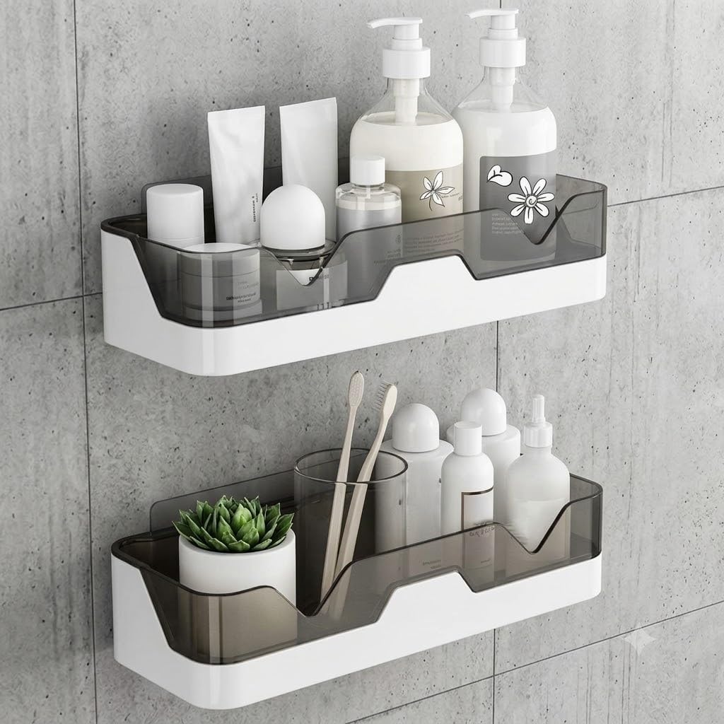 2-pack adhesive bathroom caddy organizer shelves – no-drill wall mount shower storage rack – floating plastic toiletry holder for bathroom, kitchen, and toilet – smoke grey & white