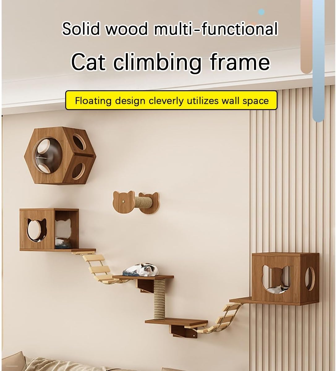 Solid Wooden Wall-Mounted Cat Furniture, DIY Cat Wall Shelves, Floating Cat Shelves, Save Space, for Climb, Scratch & Lounge(S5)