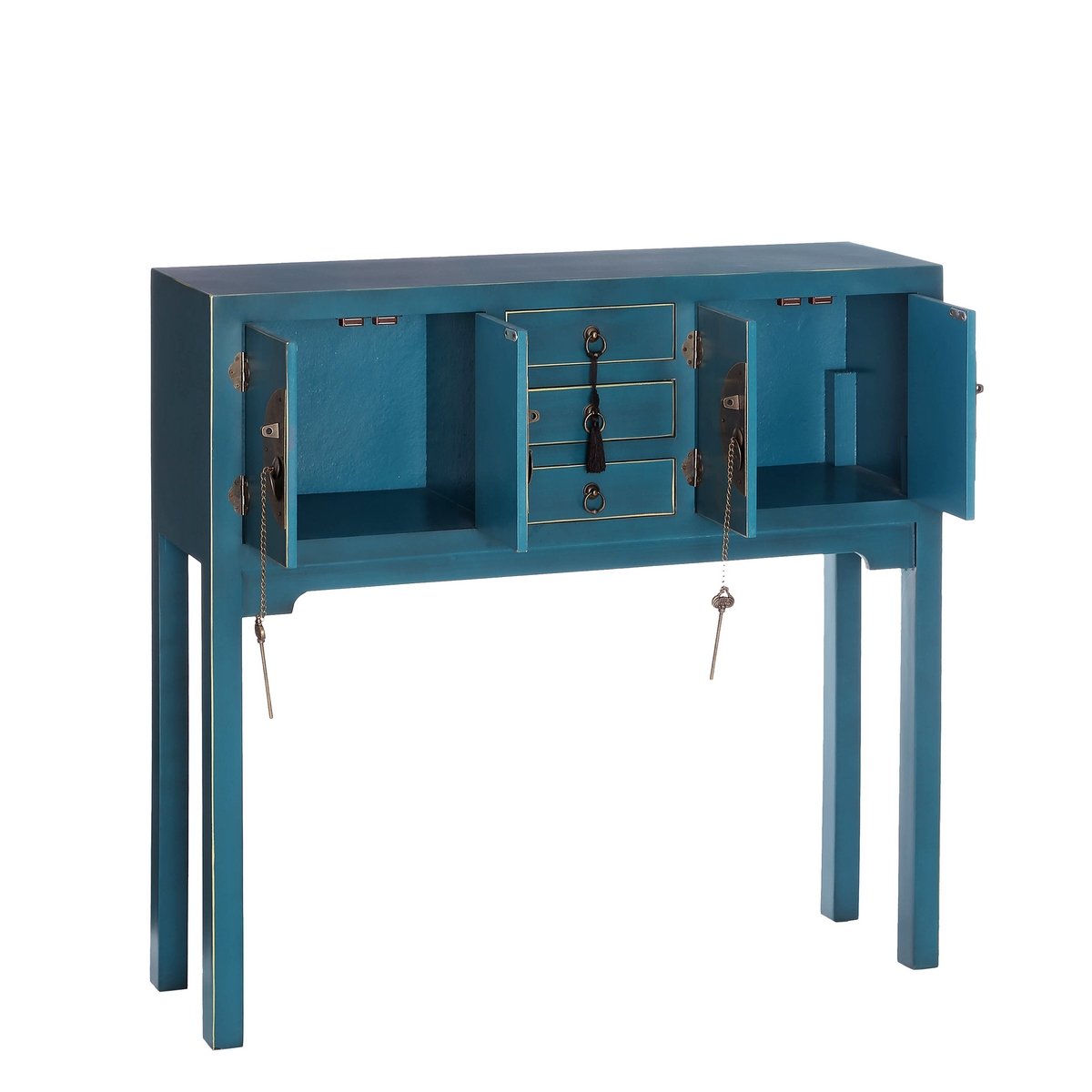 Consola oriental de madera azul con 3 cajones y 4 puertas de 90x95x26 cm | Diseño rústico artesanal con cierres de imán. Decora el recibidor o salón aportando personalidad y mucho almacenaje.
