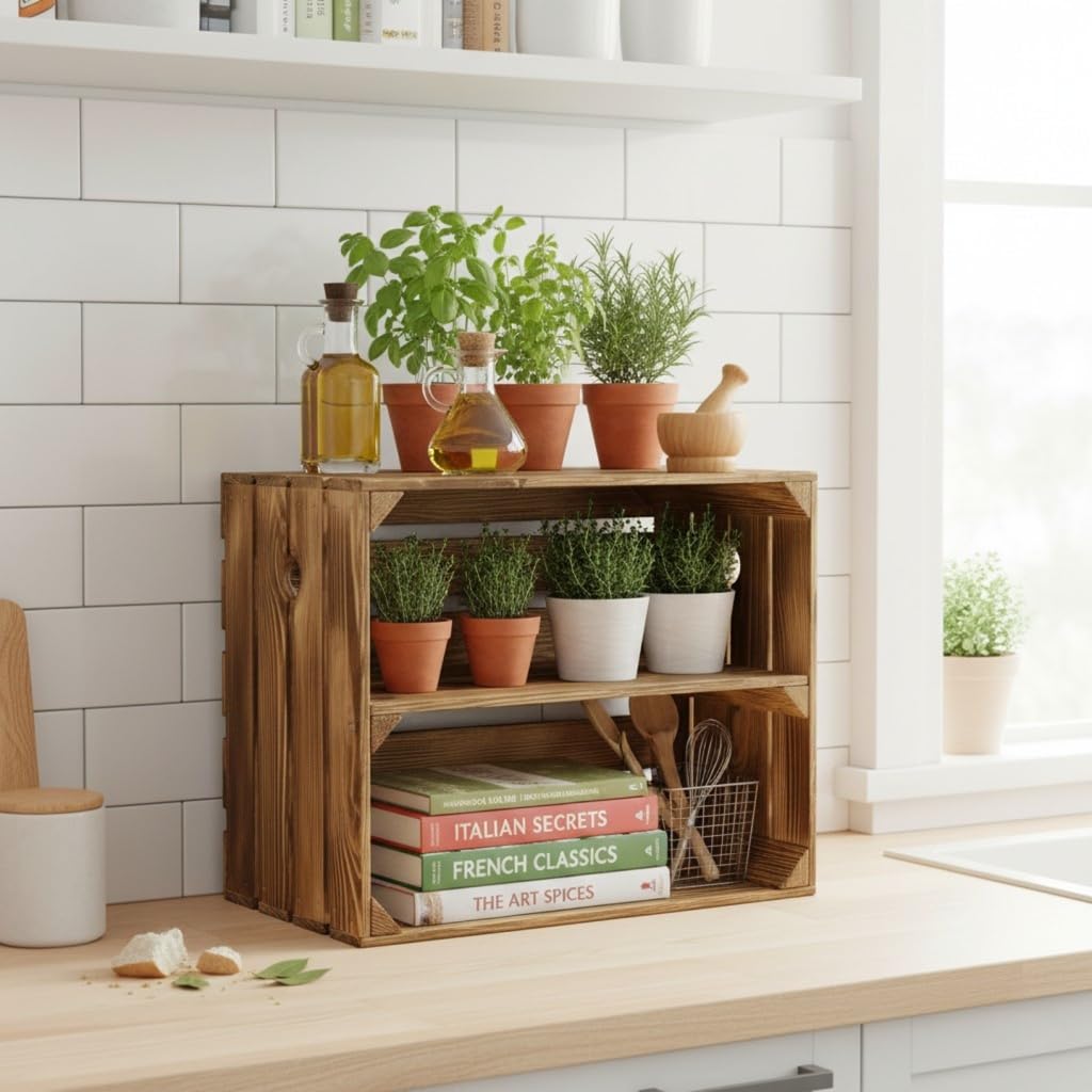 Teramico 4er Set Holzkisten in verschiedenen Variationen- Ideal als Couchtisch, zur Aufbewahrung oder einfach tolle Dekoration (Neu Geflammt 2 x Boden Längs)