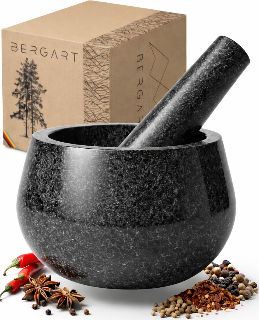 BERGART Mörser mit Stößel aus hochwertigem Granit – Edler Mörser mit extra rauer Innenseite & langem Stößel - Langlebiger Mörser ideal für Kräuter, Gewürze, Pasta & Pesto