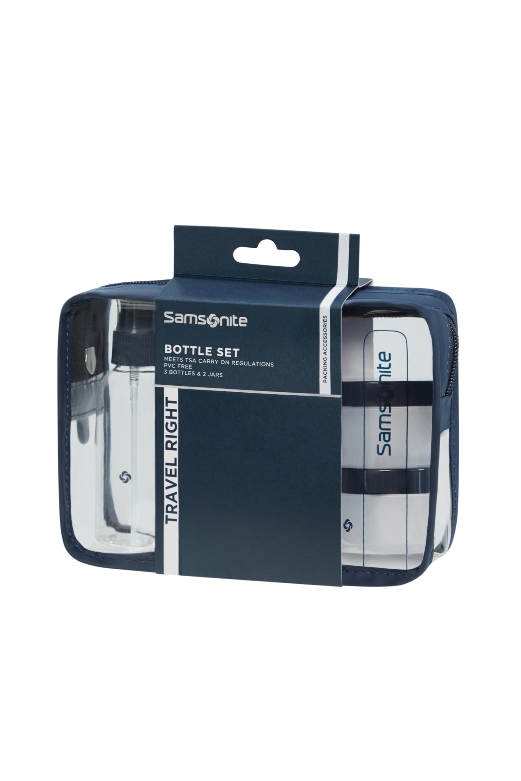 Samsonite TA Revolution - Set di bottiglie da viaggio per bagaglio a mano, 3 flaconi in silicone da 60 ml e 2 contenitori da 30 ml, set da viaggio per aeromobili, borsa da toilette trasparente, blu