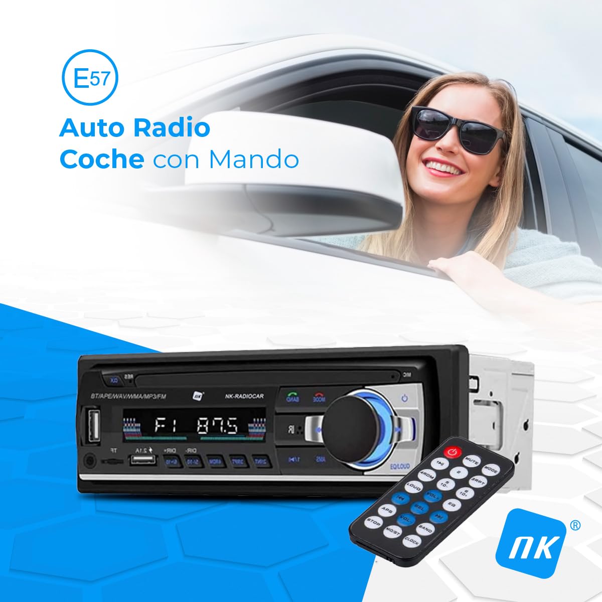 Radio samochodowe NK Auto - 1 DIN - 4x40W - Bluetooth 4.0, AUX, odtwarzacz MP3 i podwójny port USB, dźwięk stereo FM, zestaw głośnomówiący, pilot zdalnego sterowania, wyświetlacz LCD, iOS & Android