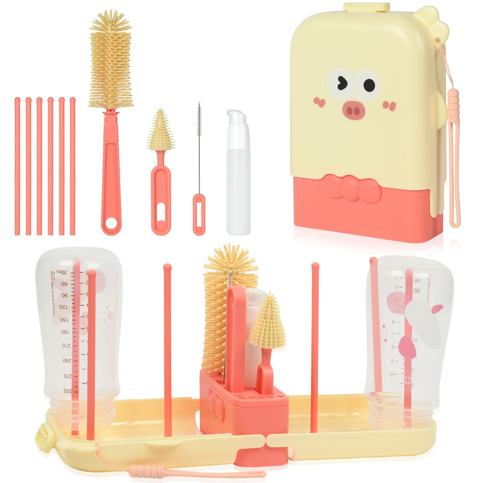 AOOTE Baby Bottle Brush Set with Storage Drying Rack Holder, Pink