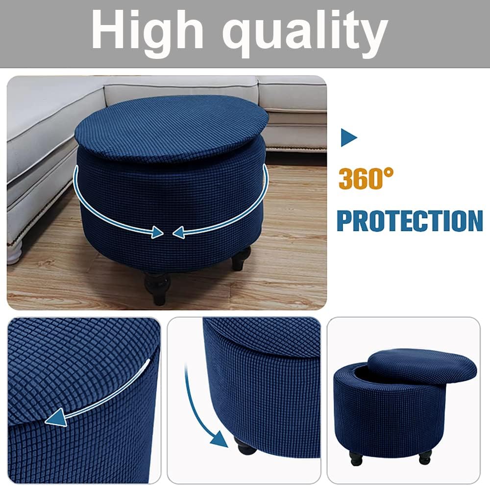 Andreannie Stretch Navy Blue Jacquard Fabric Ottoman Slipcover Floding Storage Foot Stool Covers Soft Round Slipcover Removable Washable Furniture Protector for Home Decor (Navy Blue)