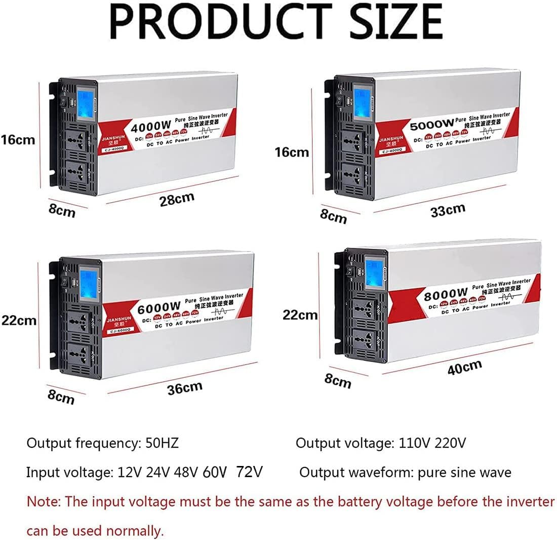 Inverter Pure Sine Wave 4000W 5000W 6000W 8000W Welle Wechselrichter 12V 24V 48V 60V 72V auf 230V Spannungswandler Power Inverter Kfz Konverter mit Anzeige für Wohnmobil LKW Auto (6000W,24V)