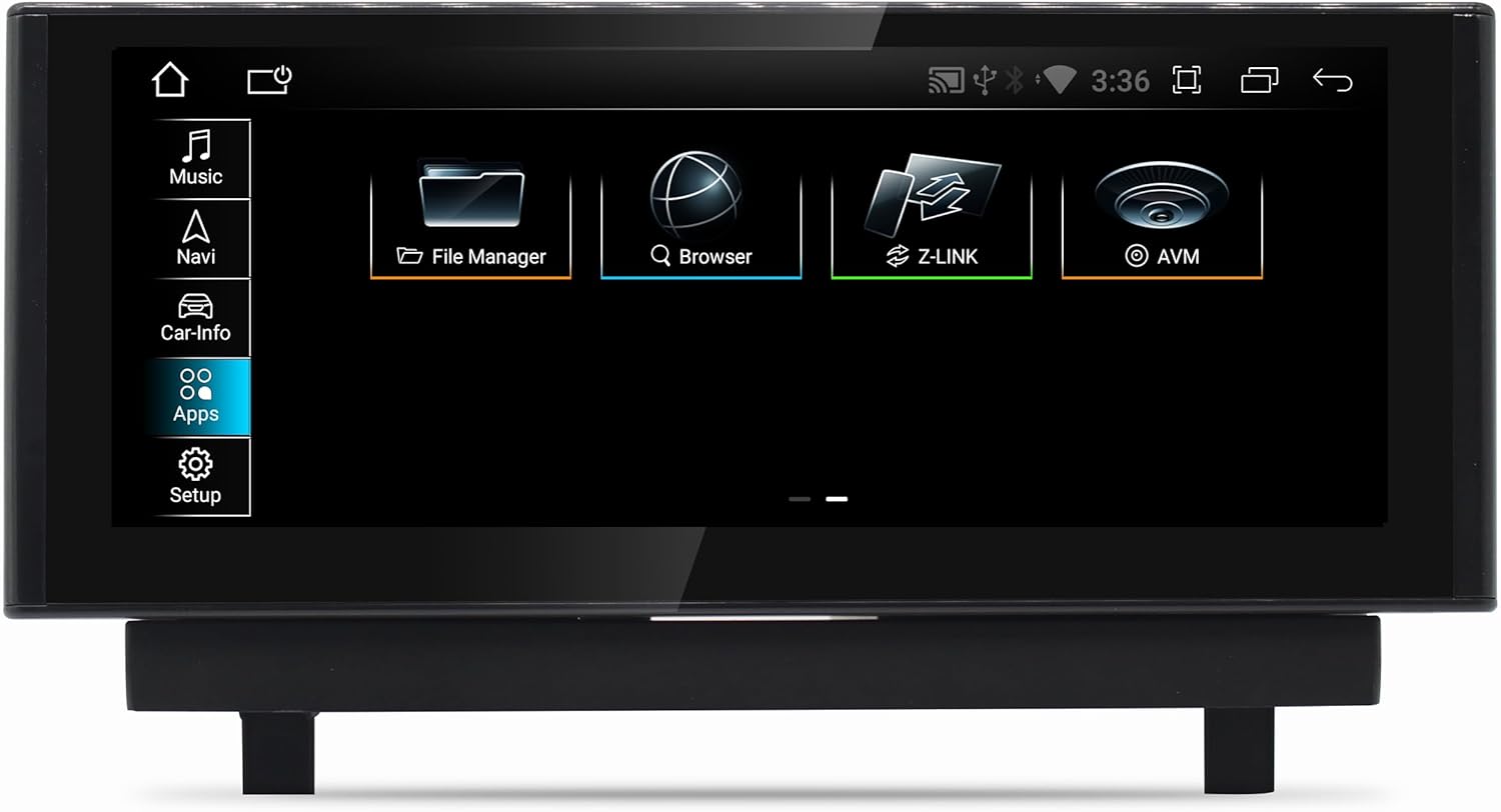 Android main menu screen showing icons for Music, Navi, Car-Info, Apps, and Setup.