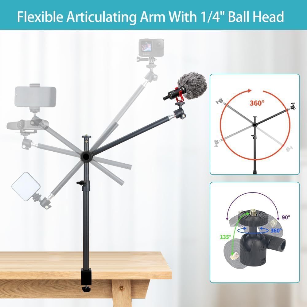 OS01 Supporto Fotocamera da Tavolo con Braccio Estensione Telescopico, Regolabile, Morsetto Per Telefono, Testa A Sfera, Supporto Da Tavolo Per Fotocamera, Telefono, Luce Anulare