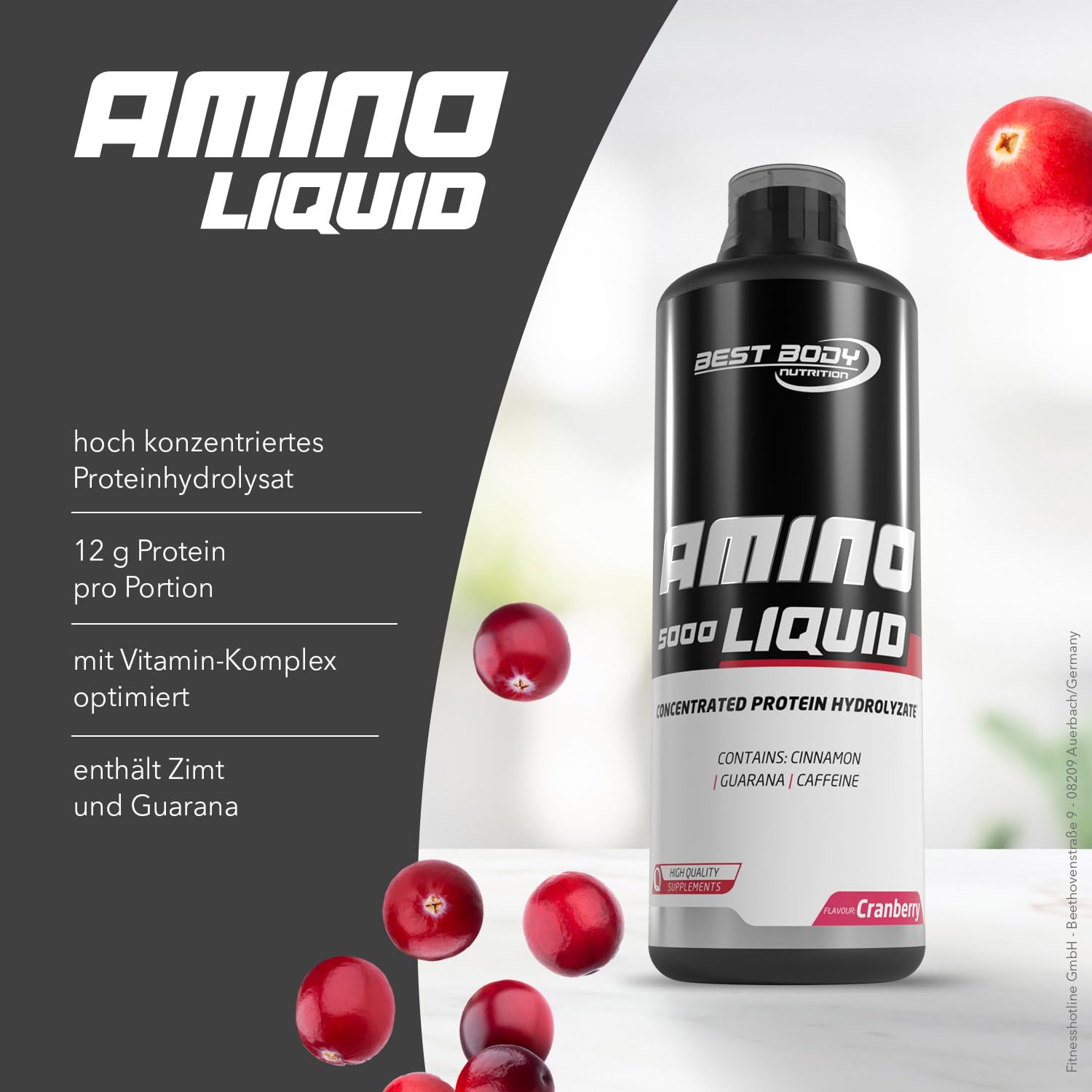 Best Body Nutrition Amino Liquid 5000 Cranberry, hochwertiges Protein als Liquid, Aminosäuren, 1000 ml