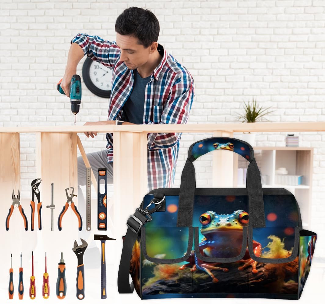 Cute Funny Frogs Tool Bag with Multi-Pockets Wide Mouth Tool Tote Bag for Women and Men Waterproof Tool Organizer Storage Bag with Adjustable Shoulder Strap and Ergonomic Handle