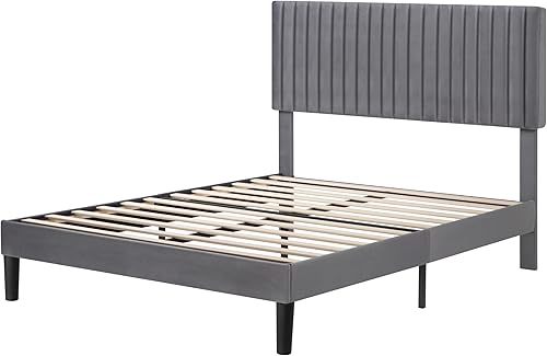 Miniatura 29 de HOOMIC Base de cama de plataforma de tamaño matrimonial, cama tapizada de terciopelo moderno con cabecera capitoné de canal vertical ajustable,