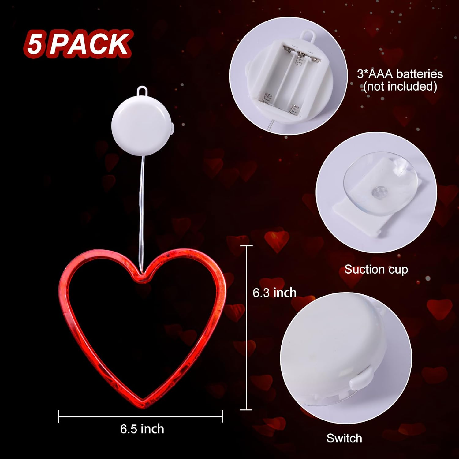 5 Pack Valentines Day Window Lights Decorations with Timer, Battery Powered Hanging Red String Lighted Heart Shaped Silhouette Sucker LED for 2026 Fireplace Indoor Home Decor