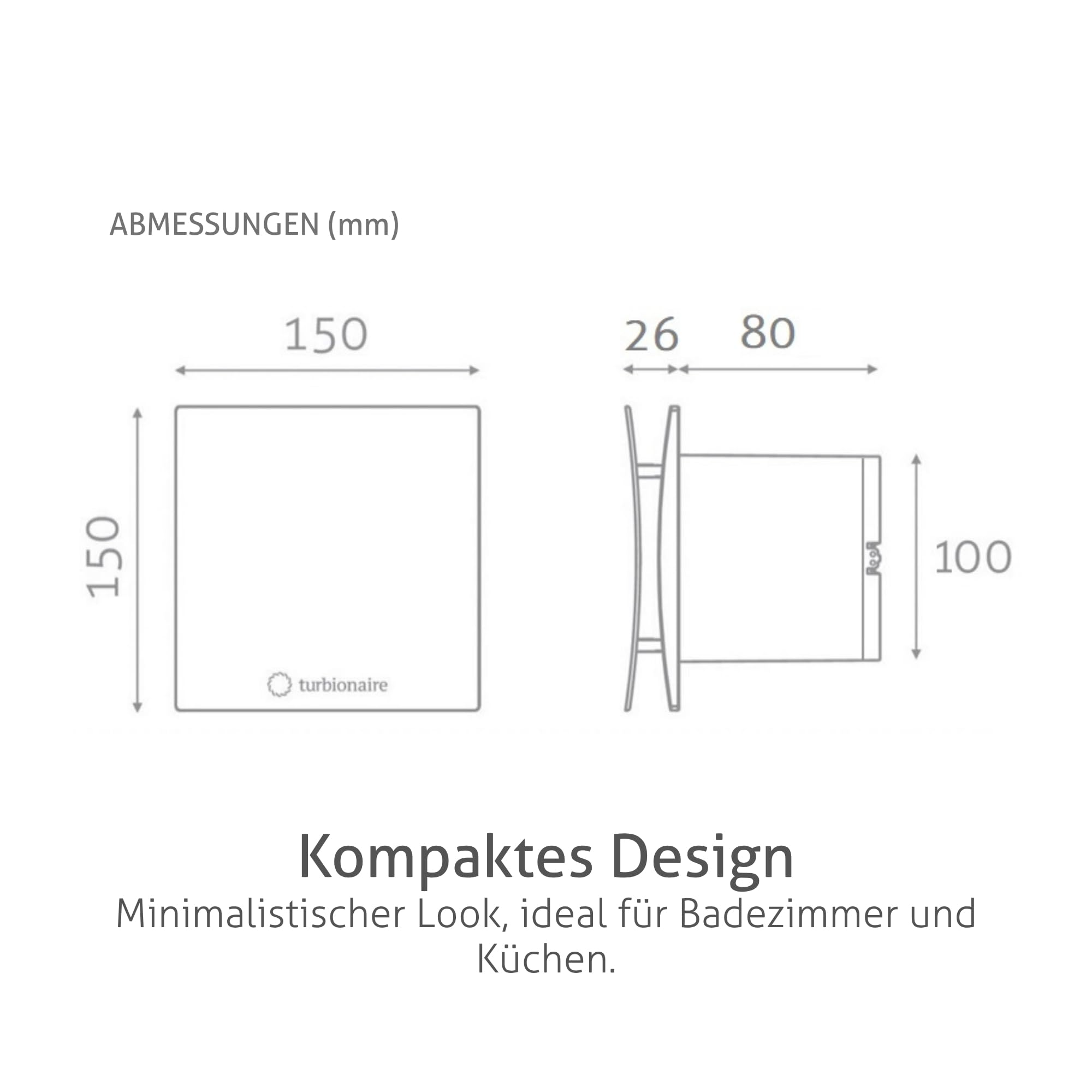 Turbionaire Arte 100 TW Badlüfter, Timer, 100 mm, Rücklaufsperre, IPX4, Leiser Abluftventilator, Mit Perimeterabsaugung, Für Belüftung im Badezimmer und WC