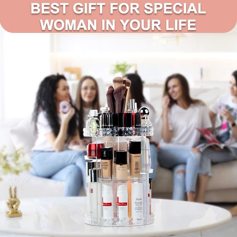OurWarm 360 Rotating Makeup Organizer with Brush Holders, 6 Adjustable Clear Larger Capacity Cosmetics Organizer Storage Box Fits Makeup Lipsticks Brushes, Jewelry Toiletry Bathroom