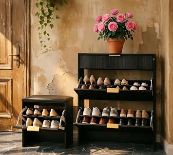 Black Fluted Shoe Storage Cabinet Set with Padded Bench & Gold Pulls