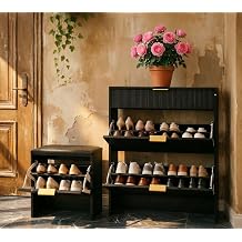 Black Fluted Shoe Storage Cabinet Set with Padded Bench & Gold Pulls
