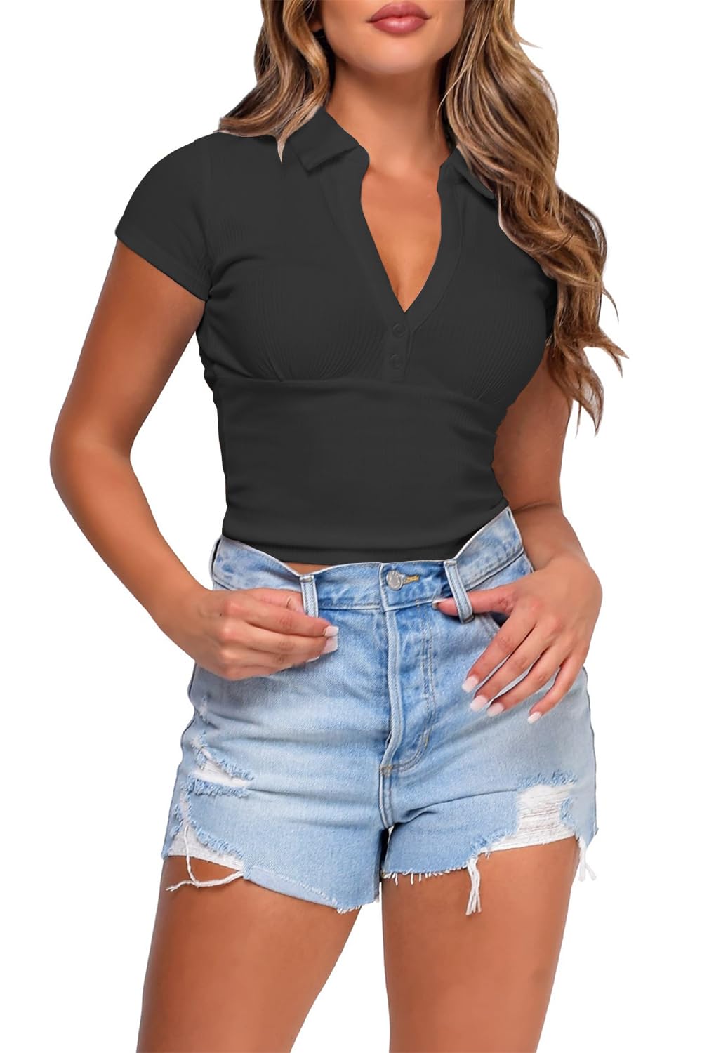 Rayson Camisetas Manga Corta Mujer Blusas Mujer Verano Elegantes Cuello en V A justado Top Mujer Verano Blusa Y2K