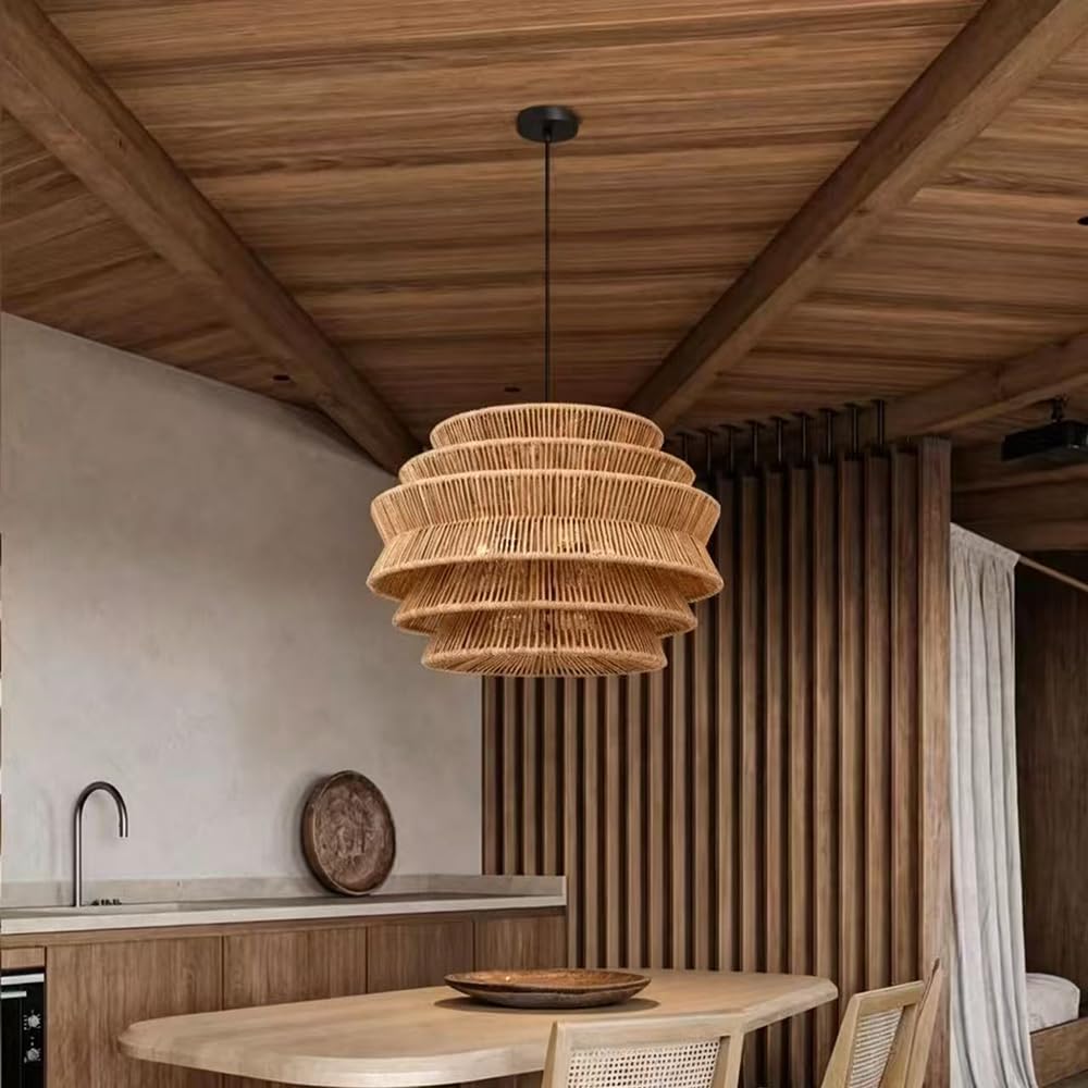 XQIDIANAA Rattan Pendant Light 23.6 in Hemp Rope Rattan Light Fixture Woven Pendant Wicker Chandelier Boho Chandelier for Hallyway