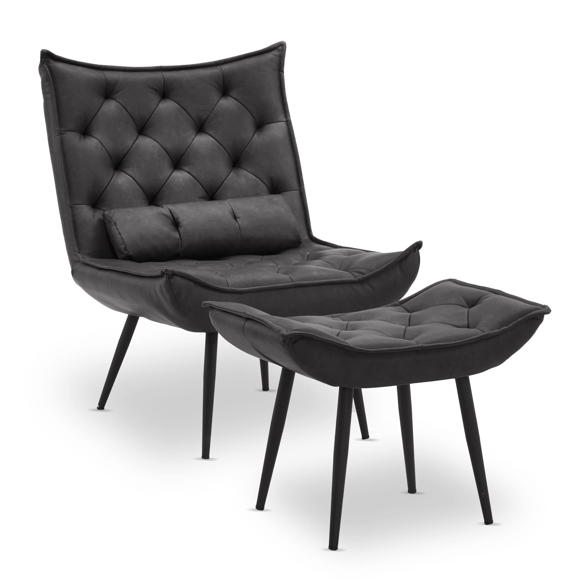 MCombo Sessel mit Hocker, moderner Relaxsessel mit Taillenkissen für Wohnzimmer, Retro Vintage Lesesessel Loungesessel Stuhl Polstersessel 4778(Dunkelgrau-Kunstleder)