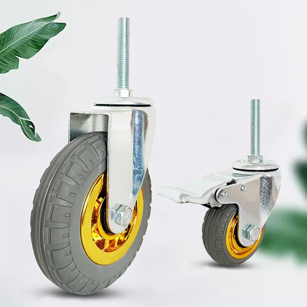 Gerrit 125mm Ruote con M12 Perno Filettato Estesa, Set di 4 Ruota Girevole Silenziosa in Gomma Piena con Freno, Ruota per Carrello Industriale di Fascia Alta per Carichi Medi