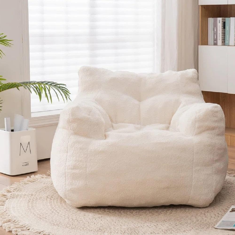 Ergonomic Design Kids & Adult Bean Bag Chair with Filler Included with Supportive Back & Armrest 27.5''H X 35''W X 36.2' D | Pretty White Cream Color Zipper Closure Lightweight Plush Flexible