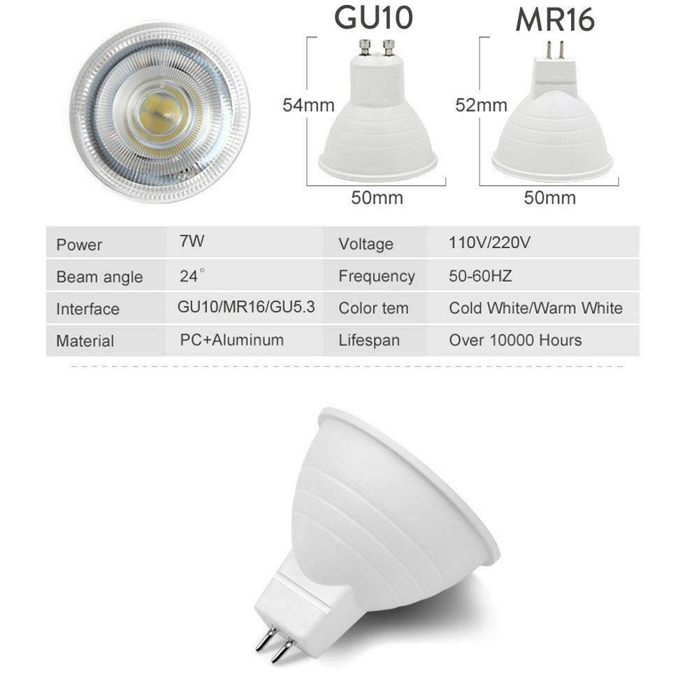 YSJX lighting, Paquete de 30, foco de bombilla LED COB AC220V 7W GU10 MR16 regulable ángulo de haz de 30 grados lámparas de decoración for el hogar y la Oficina(Warm White,GU10)