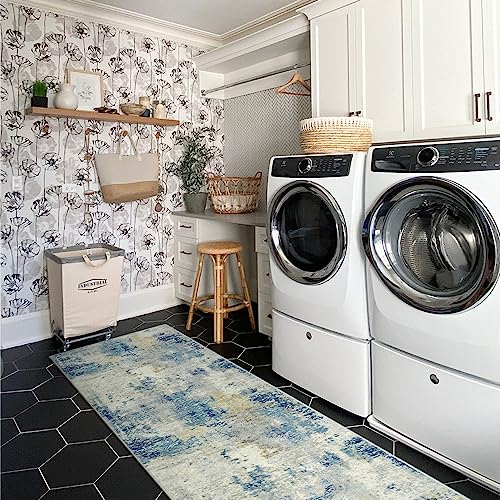 Lahome Modern Abstract Bathroom Runner Rug 2x8, Washable Entryway Rug Runners for Hallways Non Slip, Soft Non Skid Kitchen Carpet Runner for Living Laundry Bedroom RV, Blue
