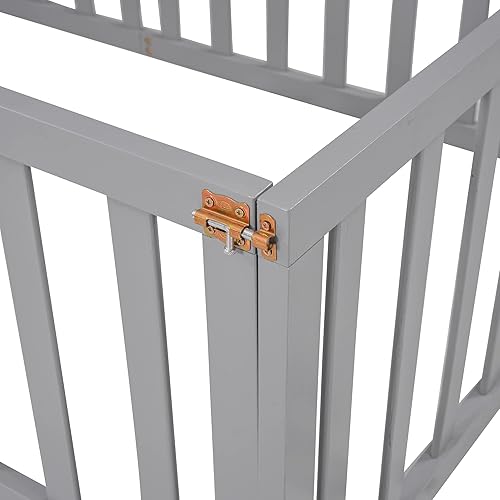 Miniatura 6 de BIADNBZ Cama de suelo de tamaño individual con valla y puerta, marco de cama Montessori de madera maciza con barandillas, para niños y niñas, gris