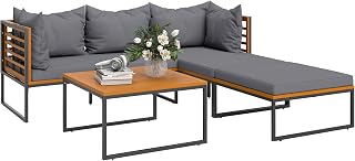 Outsunny Conjunto de Jardín Exterior de 4 Piezas Muebles Jardín Exterior en Forma de L con Sofá de Esquina, 2 Sofás de 2 Plazas y Mesa de Centro de Madera de Acacia con Cojines Acolchados Gris y Teca