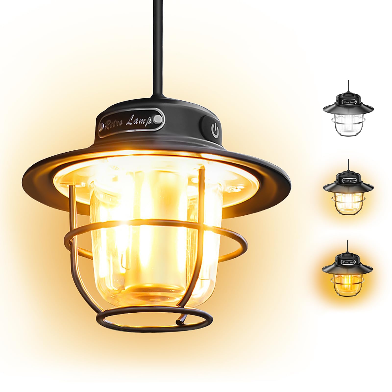 Camping Lantern, Rechargeable Retro Camping Lights with Stepless Dimming, Portable Hung, Waterproof, (1300-6500K) 4 Light Modes, Long Lasting Battery for Camping, Hiking, Emergency, Fishing