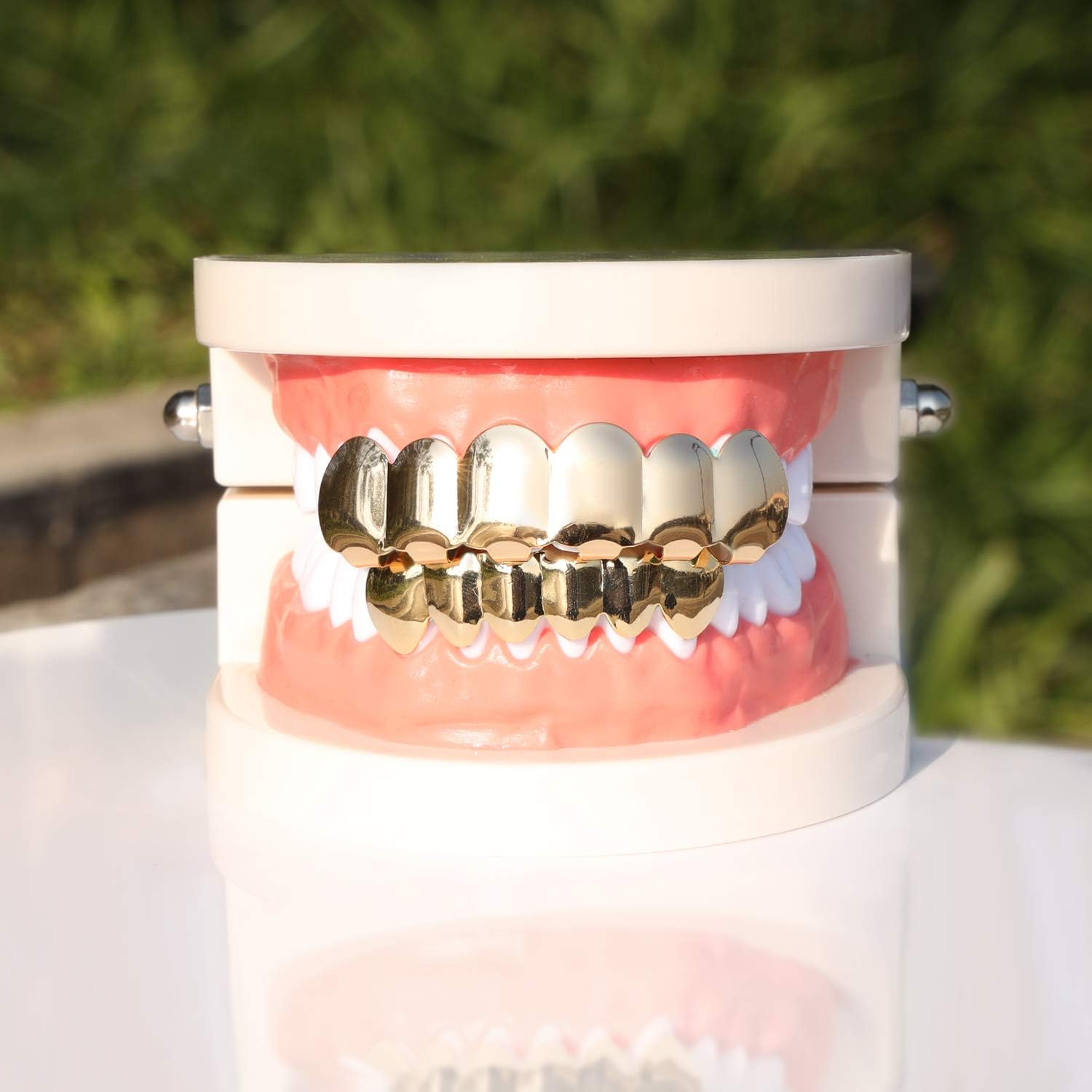 Gold Grillz 6 Teeth Mouth 24K Plated Gold Top & Bottom Grills Caps Set For Son + Extra Molding Bars + Microfiber Cloth