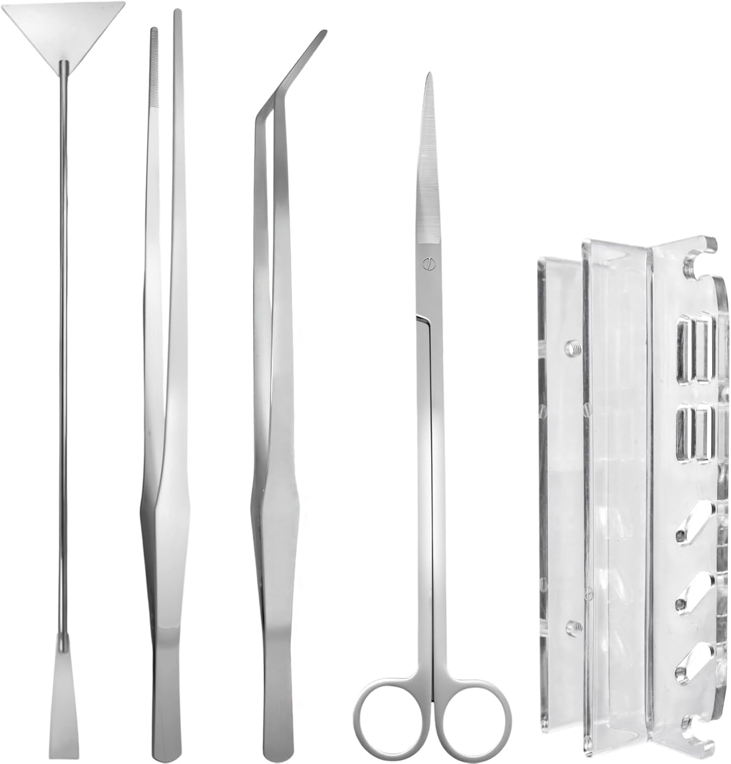 5Pcs 15Inch Aquascaping Tools Kit Extra Long Tweezers for Terrarium, Feeding Tongs, Aquarium Scissors, Algae Scraper,Aquascaping Tool Organizer Rack for Fish Tank Cleaning Plant Trimming
