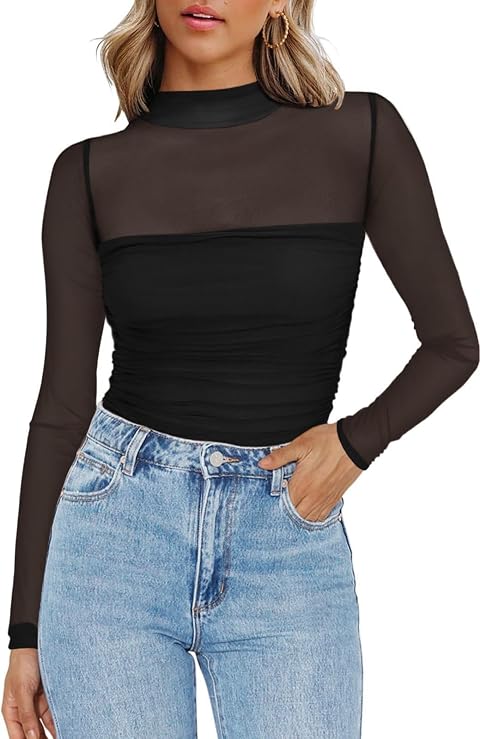 Zeagoo Mesh Oberteil Damen Sexy Transparentes Tshirt Rundhal Netz Shirt | Party Langarmshirt Langarm Tops Slim Fit Clubwear