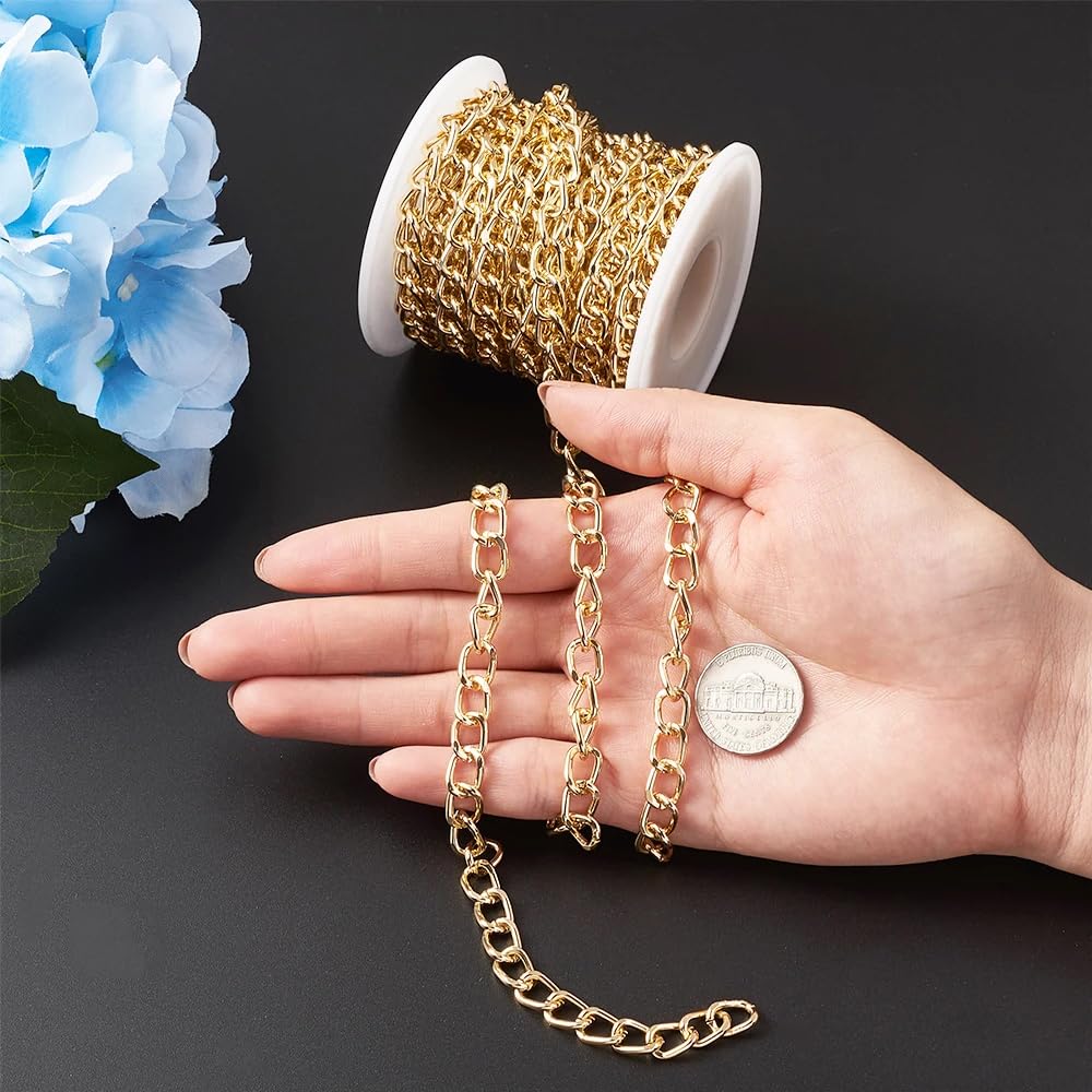 5m Rouleau Chainette pour Bijou Rouleau Aluminium Chaines pour Bracelet à Bricoler Soi Même Collier Fabrication de Bijoux,6.5×10mm(Doré)