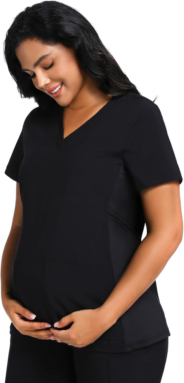 Maternity Scrub Top - V-Neck Shirt, Workwear Pregnancy Scrubs with 2 Pockets, Adjustable Side Panels - Image 4