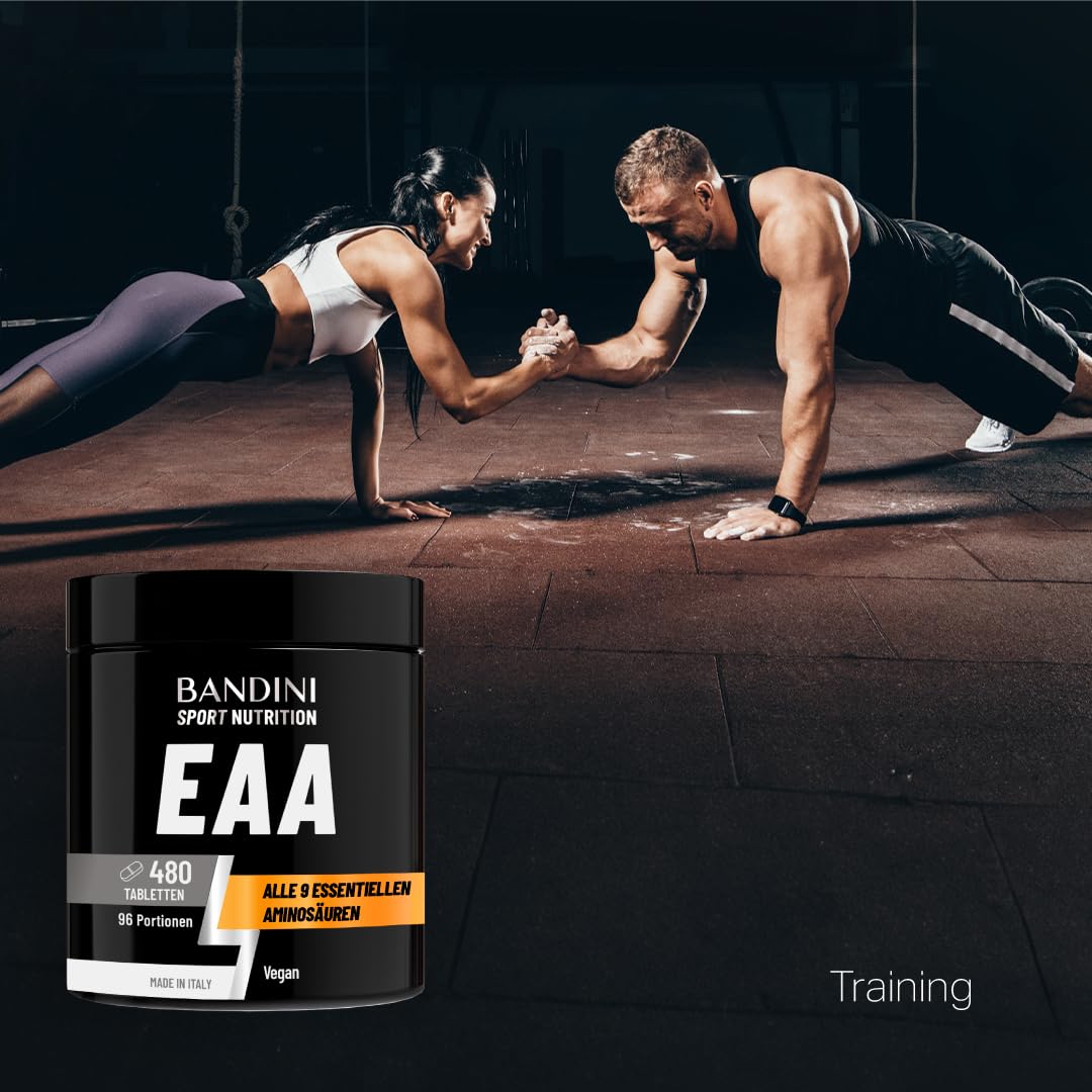 Bandini® EAA Aminosäuren Komplex | 480 vegane Amino Tabletten mit 9 verschiedenen Aminosäuren | Essential Amino Pre Post Workout aus pflanzlicher Fermentation | Hochdosiert, laborgeprüft, GVO-frei