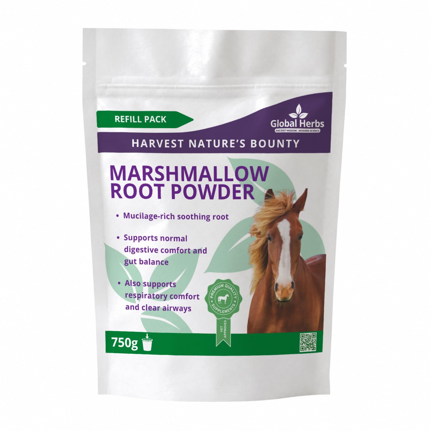 Global Herbs Marshmallow Root Powder Equine Digestive & Throat Comfort Support 750g Refill Pouch