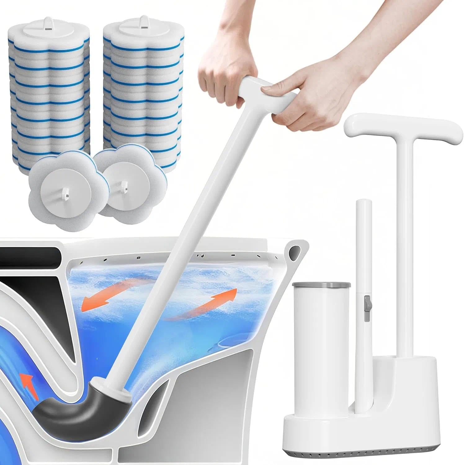 Disposable Toilet Brush and Plunger Set, Dual Handdle Toilet Plunger, All-in-1 Bathroom Cleaning Kit with 18PCS Refills, Toilet Cleaning Stick and Ventilated Holder, Bathroom Essentials