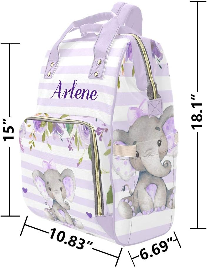 Elephant Floral Purple Personalized Diaper Bag Backpack Tote with Name Custom Travel Nappy Mommy Bag Backpack for Baby Girl Boy Gift 10 83inch 6 69inch 15inch
