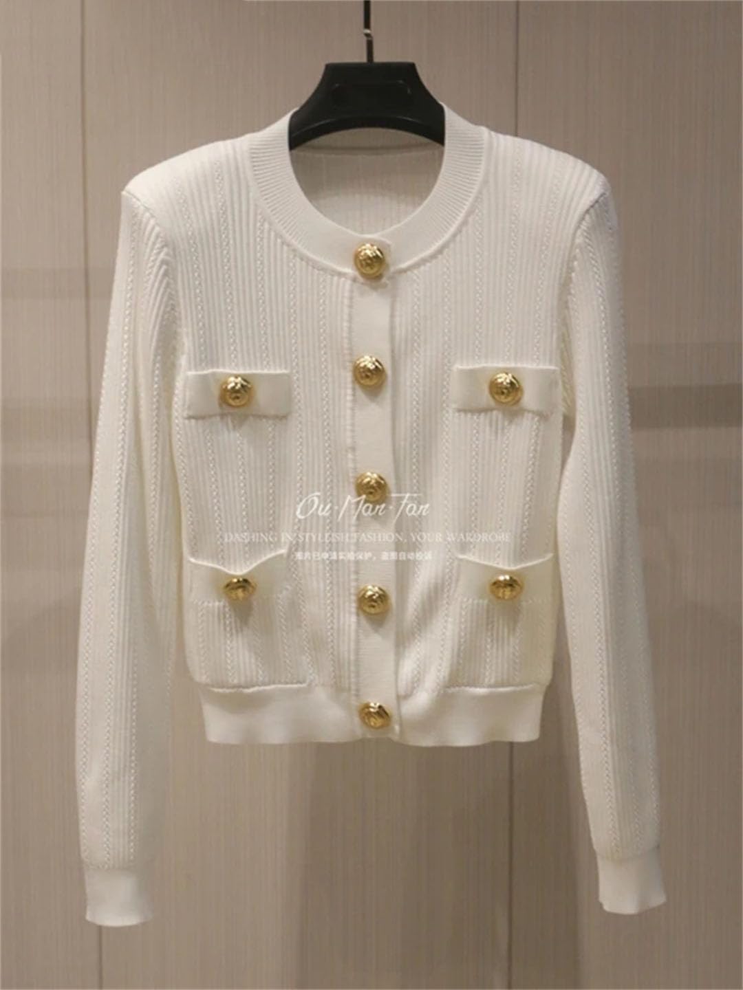Alloaone Women's Long-Sleeved Metal Buckle Round Neck Double Pocket Pink Knitted Cardigan Sweater Coat