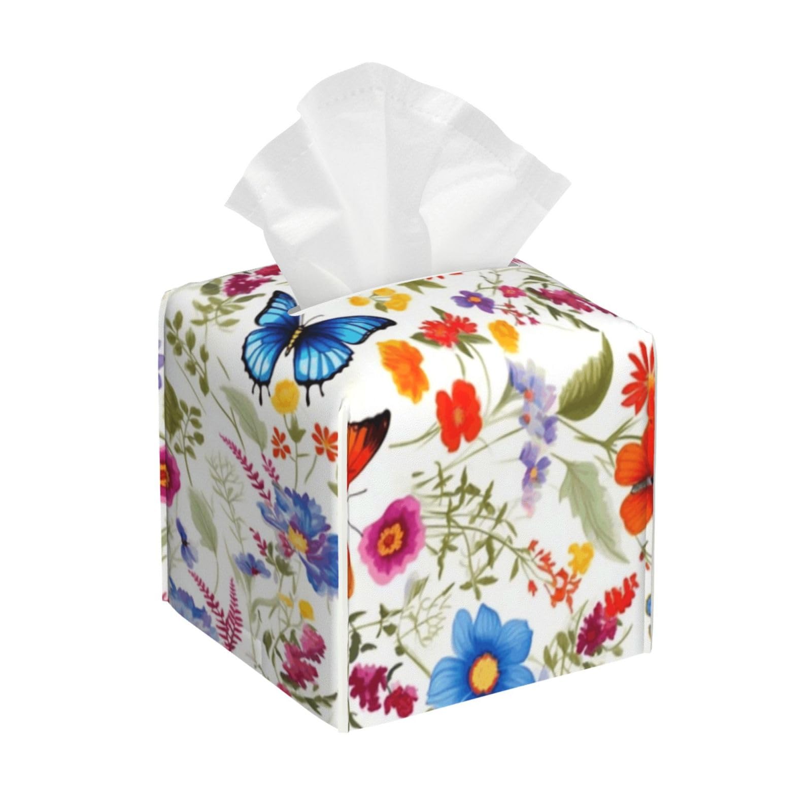Bright Colour Flowers and Butterflies Tissue Box Cover 5" Square Leather Tissue Holder Facial Tissue Case for Tabletop Bedroom Bathroom Desk Decor