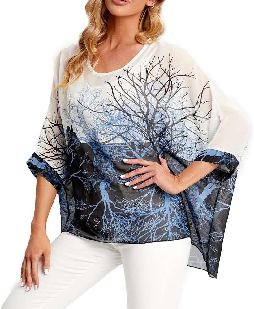 Ckikiou Womens Batwing Loose Chiffon Summer Blouse Tunic Floral Printed Boho Beach Cover ups - Image 3