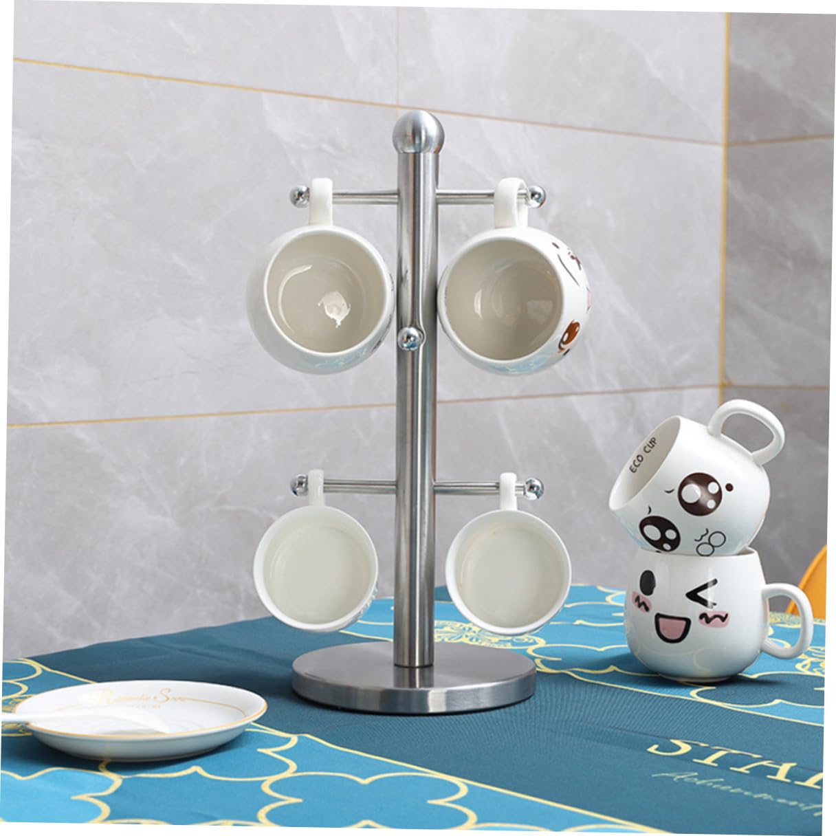 VALICLUD Porte-tasses pour Suspendre et Exposer Tasses en Acier Inoxydable Argenté Design à Six Crochets pour Cuisine ou Table